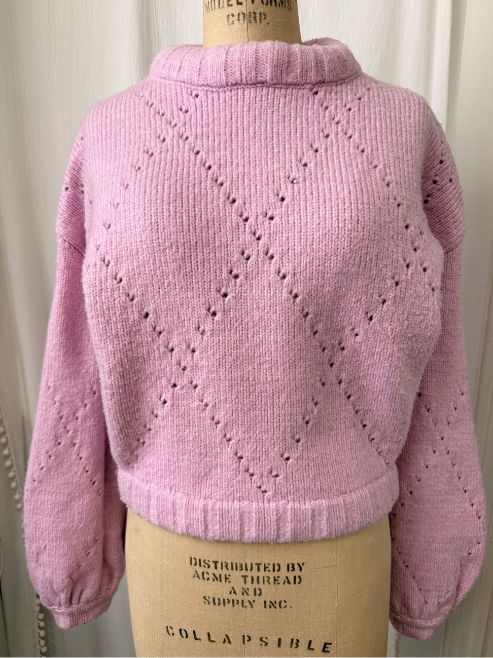 For Love & Lemons, CHUNKY Pink Crop Sweater, Balloon Sleeves, Mia Pointelle